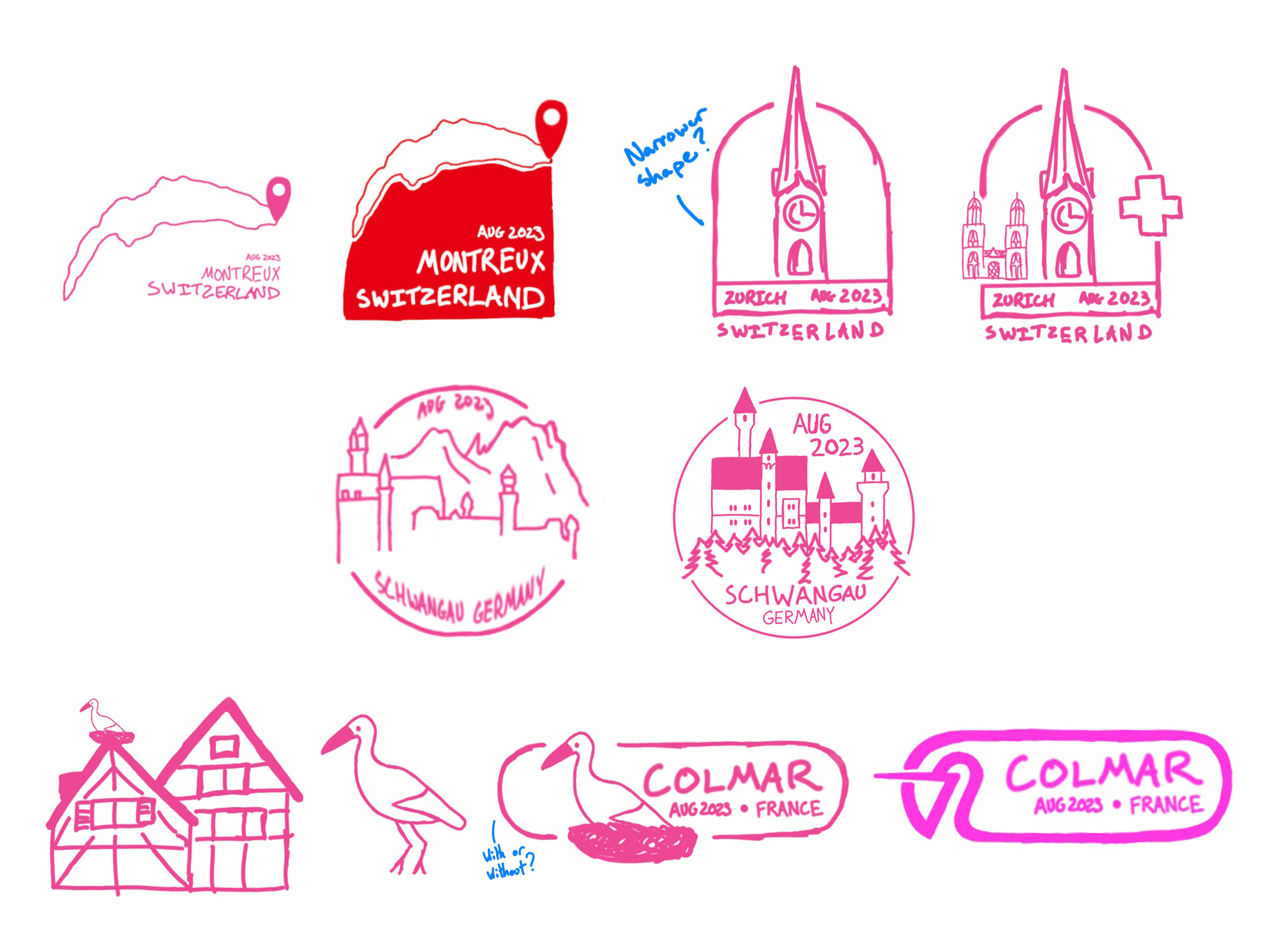 Sketches of the Montreux, Schwangau, Zurich and Colmar stamps