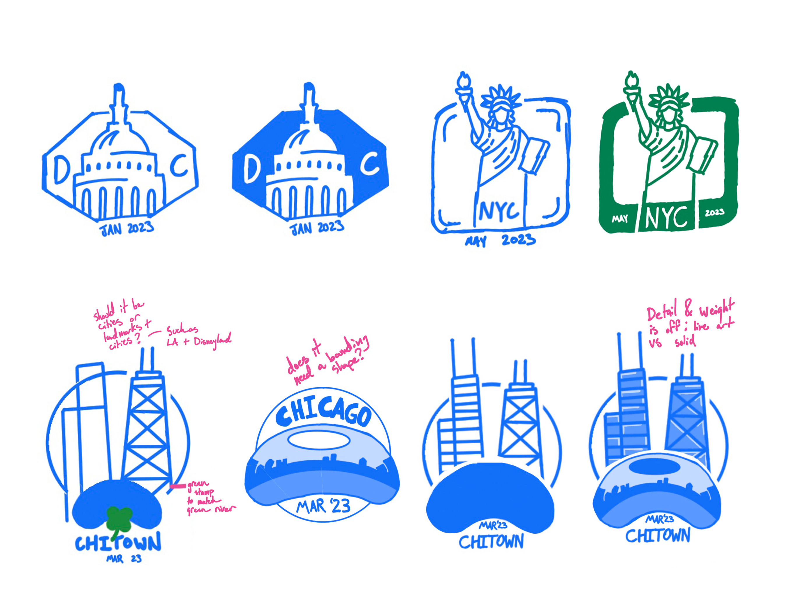 Sketches of the DC, NYC and Chicago stamps